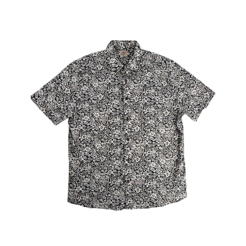 Faherty Short Sleeve Button Down Mens Large Black White Floral Tribal Coastal